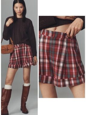 Anthropologie Maeve The Avery Pleated Trouser Shorts in Brown Plaid Size 8 NWT
